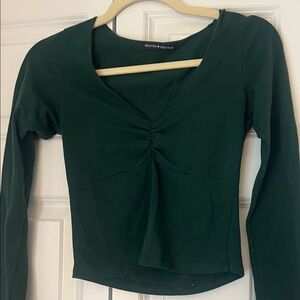 Brandy Melville Forest Green Long Sleeve V-Neck Ruched Top